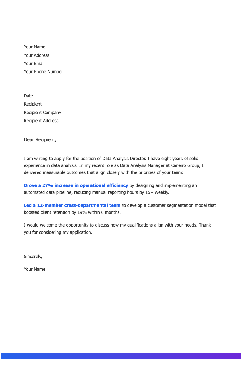 Modern blue gradient cover letter - Professional job application letter with gradient header, hexagon accent and structured contact blocks.